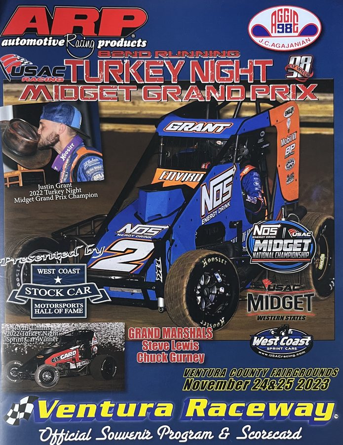 2023 Turkey Night program cover: blue cover with Justin Grant's #2 NOS Energy Drink midget, Turkey Night Midget Grand Prix, 82nd Running, Ventura Raceway