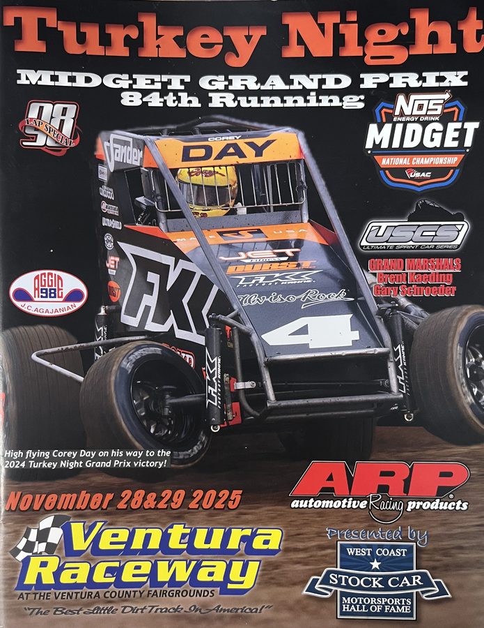 2025 Turkey Night program cover: Corey Day's #4 midget on the dirt, Turkey Night Midget Grand Prix, 84th Running, Ventura Raceway