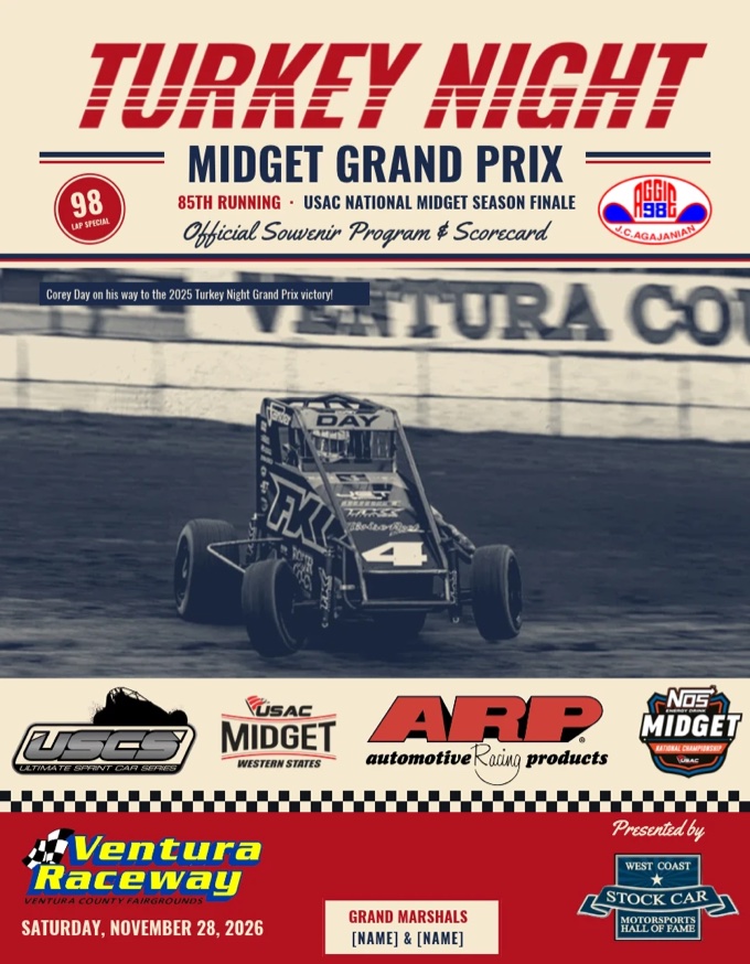 The 2026 Turkey Night Grand Prix program cover: Corey Day's #4 midget, 85th running, Saturday, November 28, 2026